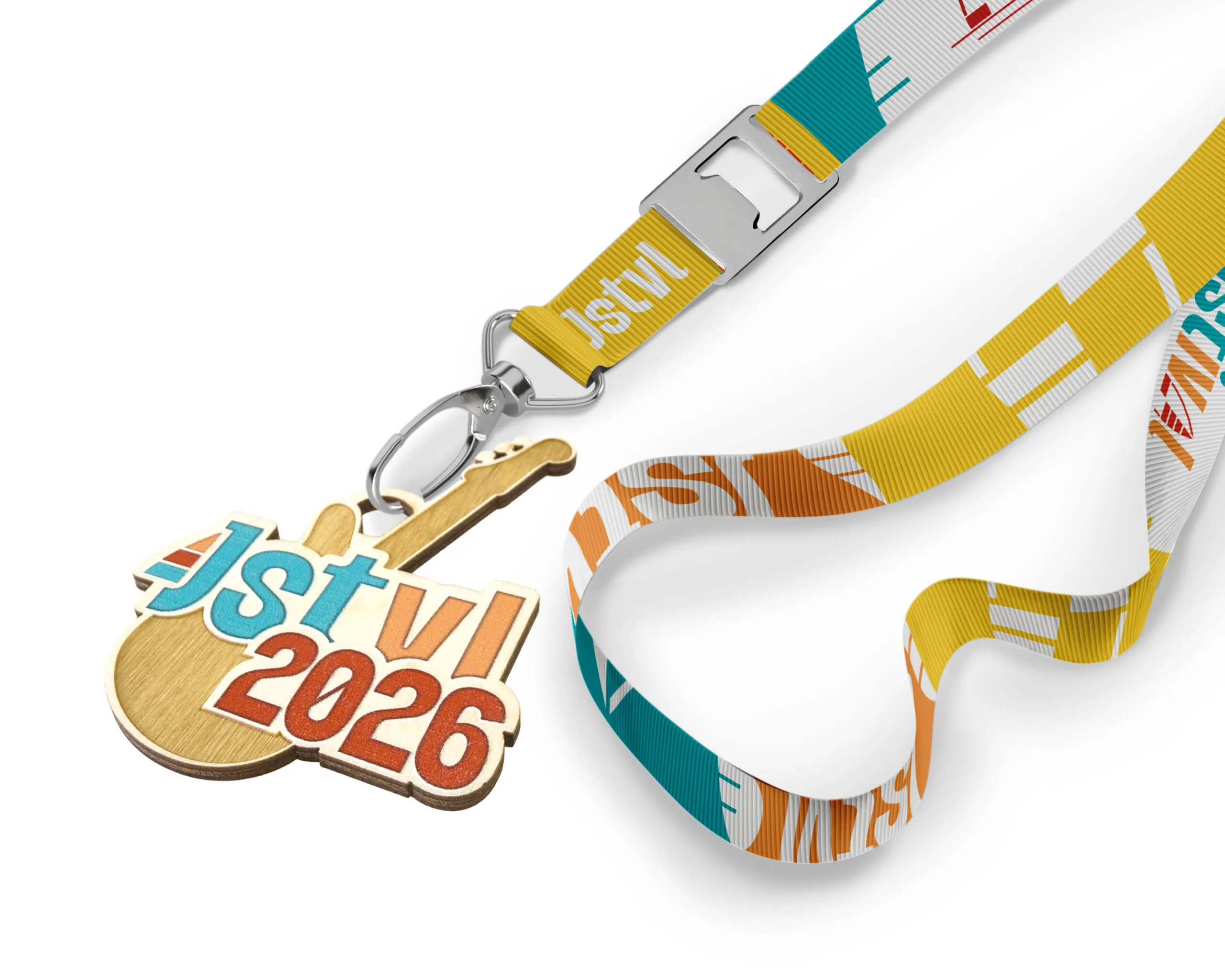 Das WirSindJuistival-Band: Lanyard mit Holzanhänger in Gitarrenform